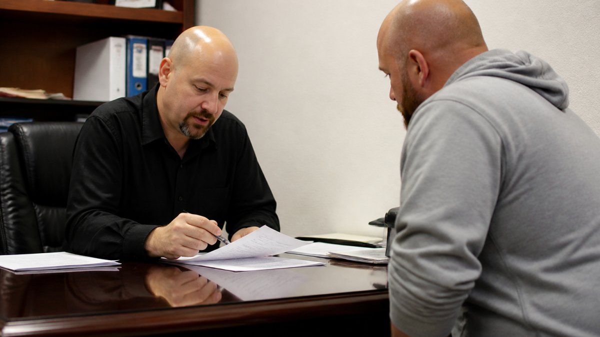 A bail bondsman at a desk reviewing paperwork with a client in a professional office, both looking at a document together under warm overhead lighting