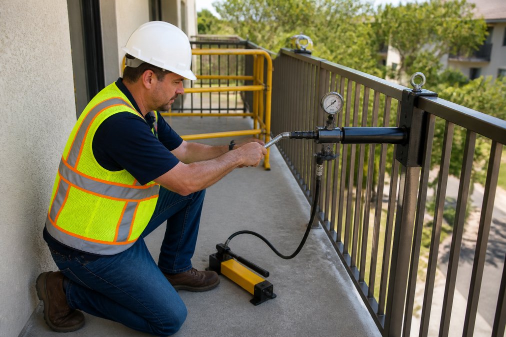 Licensed structural inspector applying controlled lateral load to balcony railing using calibrated hydraulic equipment with digital measurement display and safety barriers positioned around the test area