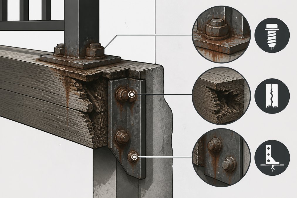 Closeup of heavily corroded metal fasteners and deteriorated wood framing on aged balcony structure showing rust staining and structural degradation