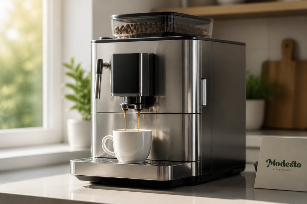 Stainless steel bean to cup machine pouring a fresh espresso shot into a white ceramic cup on a kitchen counter