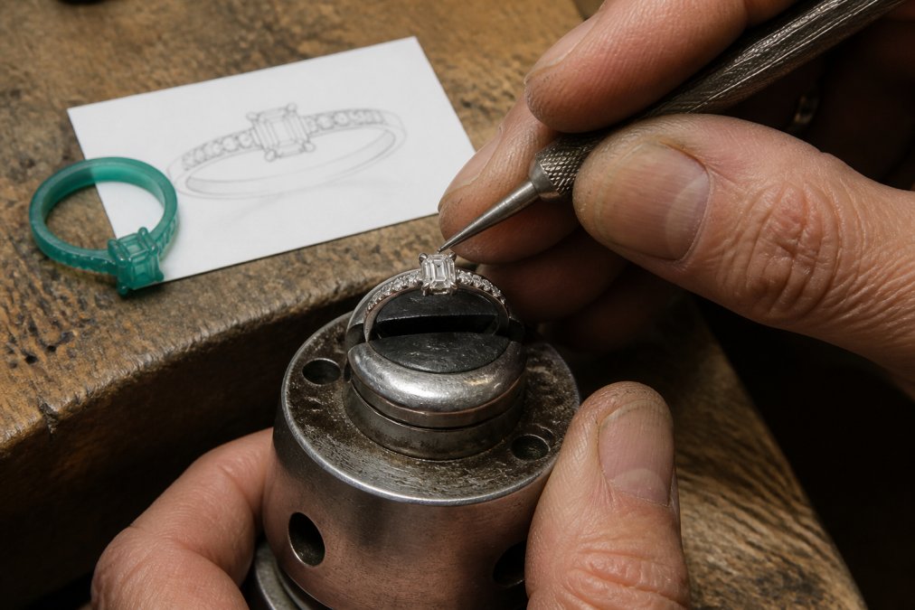 Close-up of a jeweller's hands at a jewellery bench, using fine-tipped setting tools to place a small diamond into a platinum mount, with a wax model and pencil sketch resting on the wooden work surface beside them, warm workshop lighting