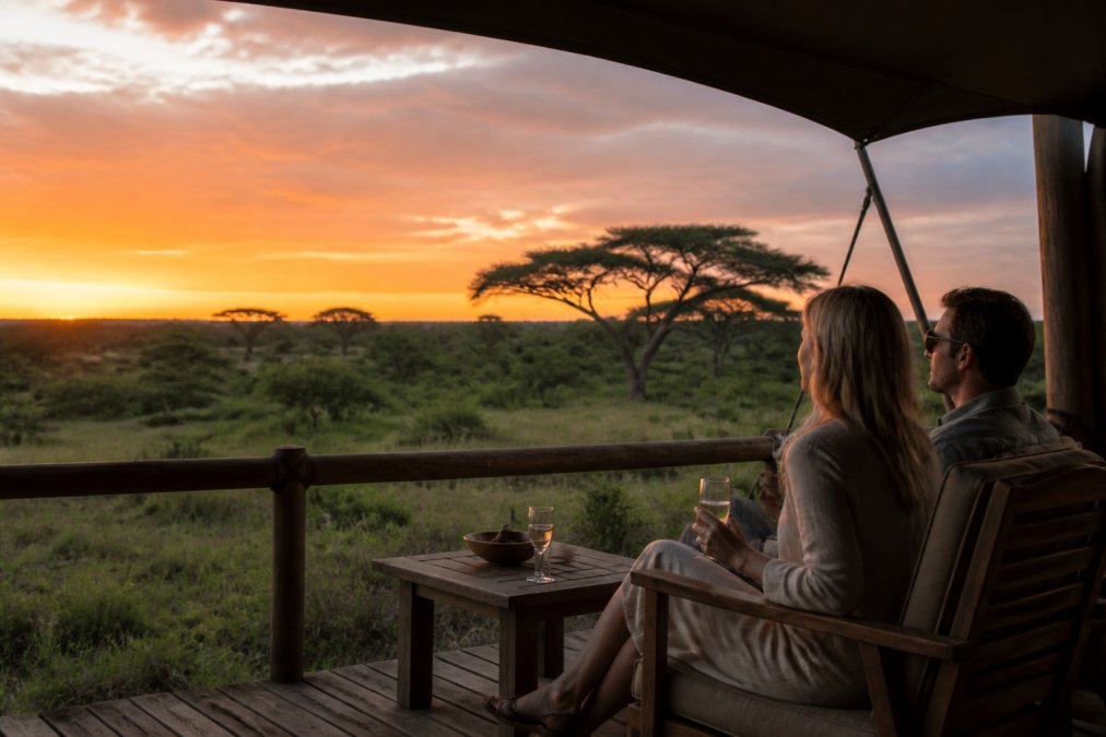 A couple seated on a private deck of a luxury tented suite at dusk, looking out over an open African wilderness, warm golden light stretching across the horizon, acacia trees silhouetted in the distance