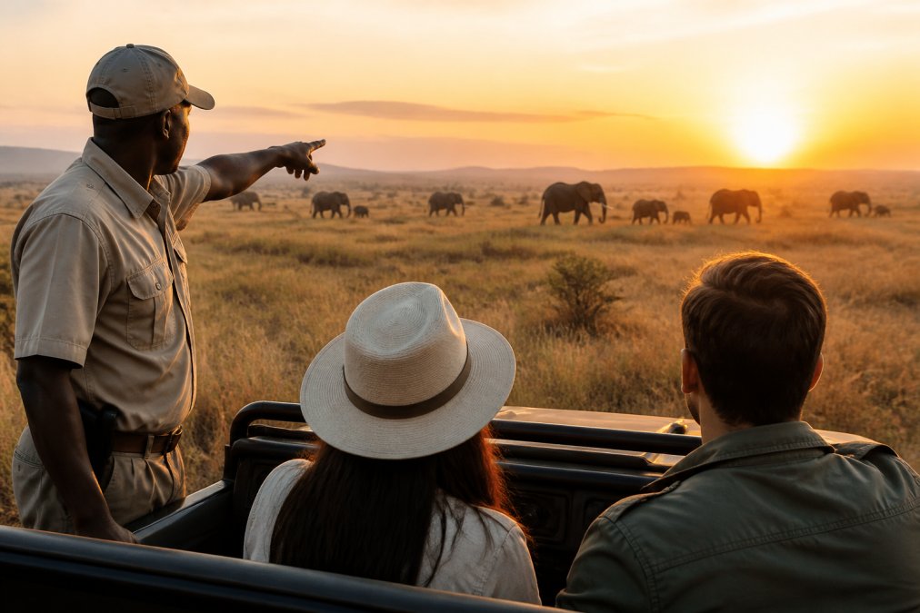A professional safari guide in khaki uniform pointing toward a herd of elephants in the distance, two guests seated in an open 4x4 vehicle on a game drive at sunrise, warm amber light across the savannah