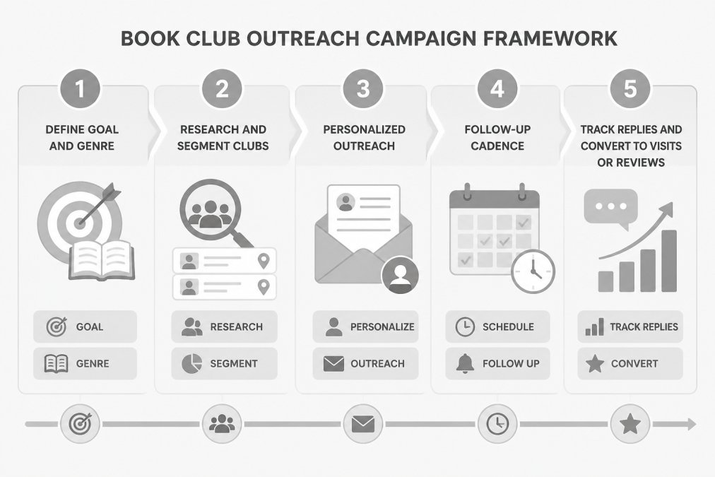 Five-stage campaign framework diagram: 1) Define goal and genre, 2) Research and segment clubs, 3) Personalized outreach, 4) Follow-up cadence, 5) Track replies and convert to visits or reviews
