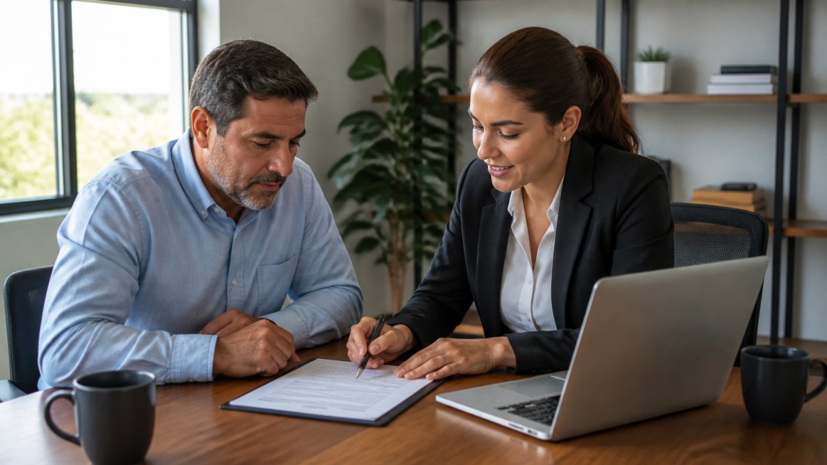 Business owner and insurance agent reviewing a business auto policy document together at a bright office desk