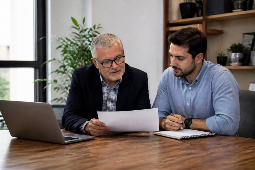 A small business owner and a younger manager reviewing a printed succession timeline at a wooden conference table, with a laptop and notepad nearby in a bright office