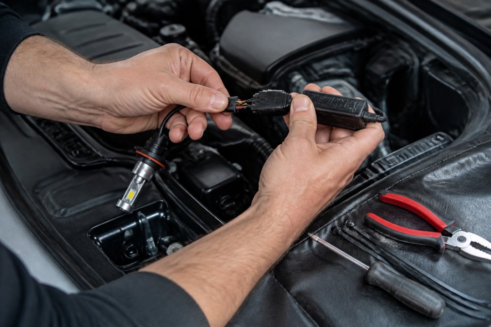 Close-up of a person's hands connecting a small CANbus decoder module and wiring harness to an LED headlight bulb inside an open engine bay, with tools resting on a fender cover nearby
