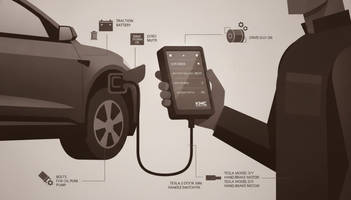 Automotive technician holding a diagnostic scan tool connected to a vehicle's OBD-II port, with the technician's hand visible and the scan tool screen displaying live data streams