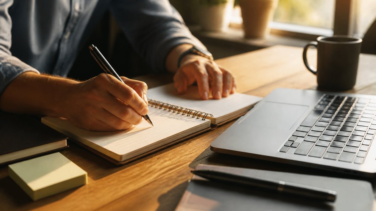 A young professional writing in a notebook at a desk with a laptop open to a goal-setting document, coffee cup nearby, warm natural light