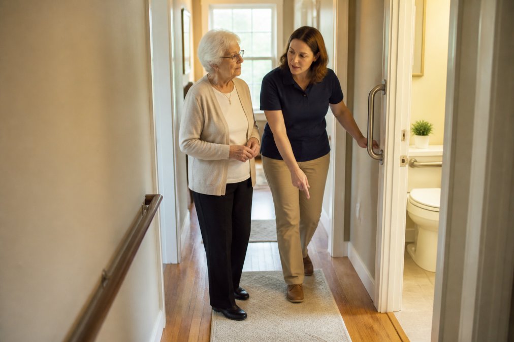 Aging in place specialist helps an older adult assess home safety risks like rugs and grab bars in a hallway.