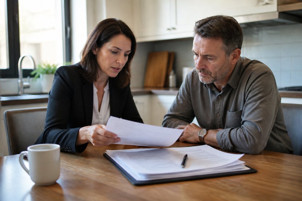 A real estate agent and a homeowner reviewing property documents at a kitchen table, with a laptop showing a title search and a pen resting on a stack of papers