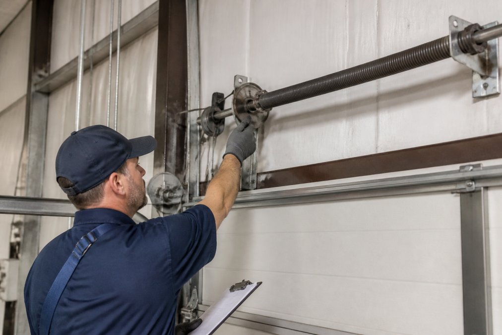 Technician inspecting a commercial door torsion spring and cable during what is a commercial door safety inspection