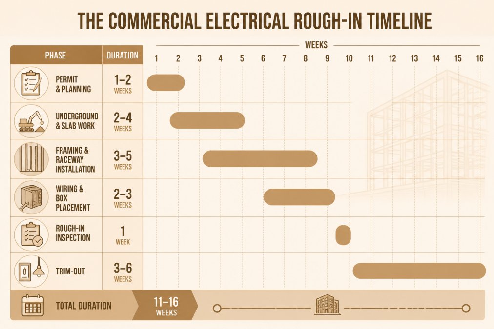 Timeline showing commercial electrical rough-in phases: permit and planning, underground and slab work, framing and raceway installation, wiring and box placement, rough-in inspection, and trim-out, with duration bars for each phase