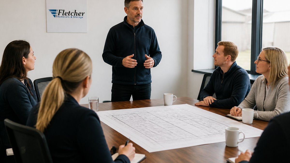 A manager standing at the front of a bright meeting room, addressing a seated team with a printed floor plan on the table in front of them