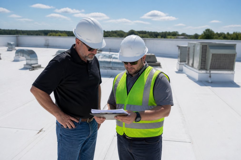 Property manager and inspector reviewing commercial roof warranty documents on a TPO rooftop