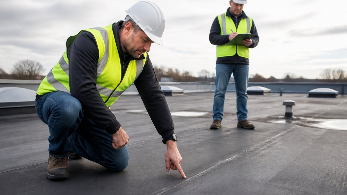 A roofing contractor in safety gear inspecting a flat commercial roof membrane, pointing at a seam while a property manager takes notes on a clipboard in the background, overcast daylight