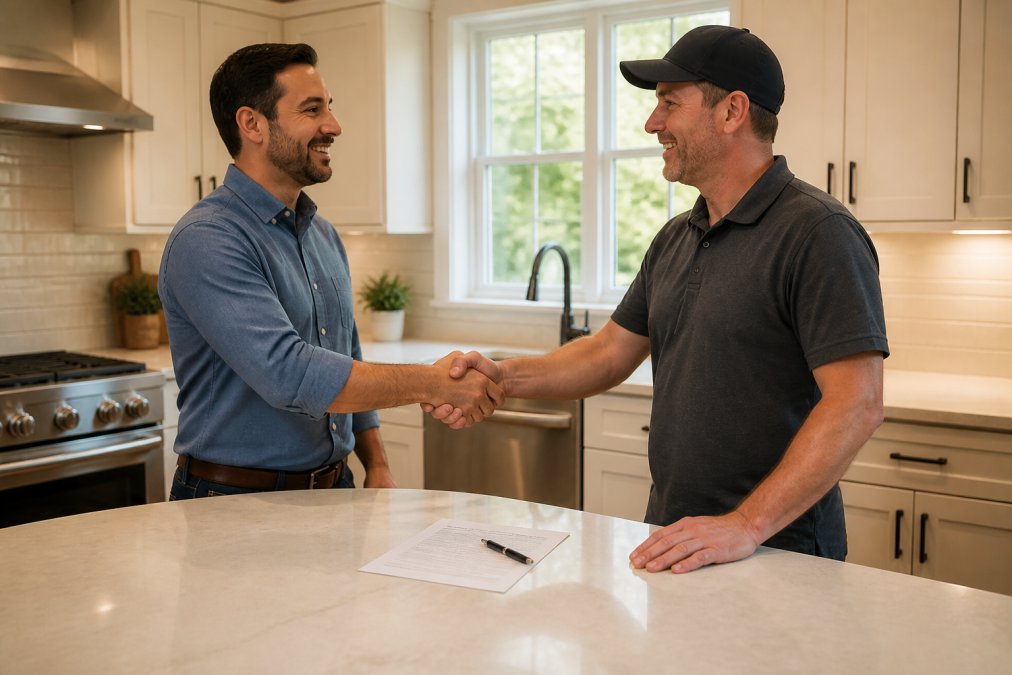 A homeowner and a contractor shaking hands in a freshly remodeled kitchen, with a signed contract document visible on the countertop between them, warm afternoon light coming through a window above the sink