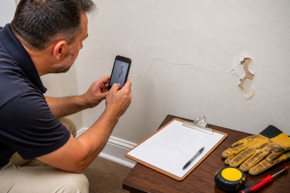 A homeowner photographing a visible crack and paint defect on an interior wall with a smartphone, a clipboard with handwritten notes resting on a nearby table under bright indoor lighting