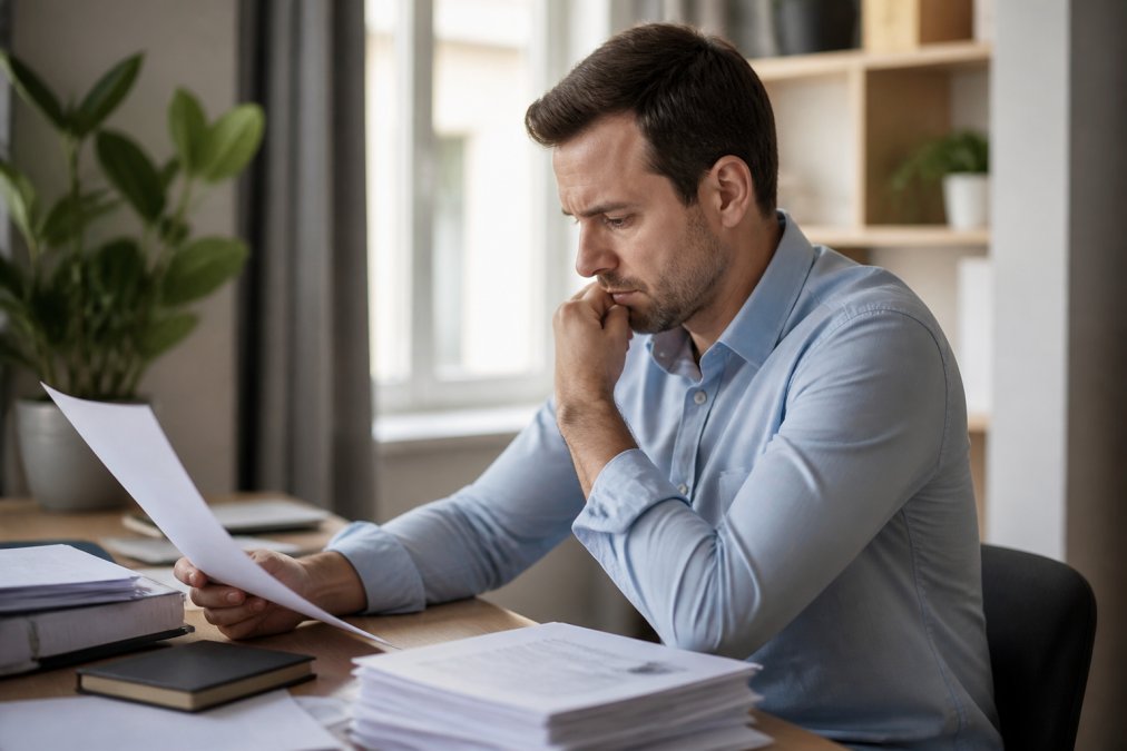 Professional at computer reviewing personal data on website with concerned expression, natural office lighting
