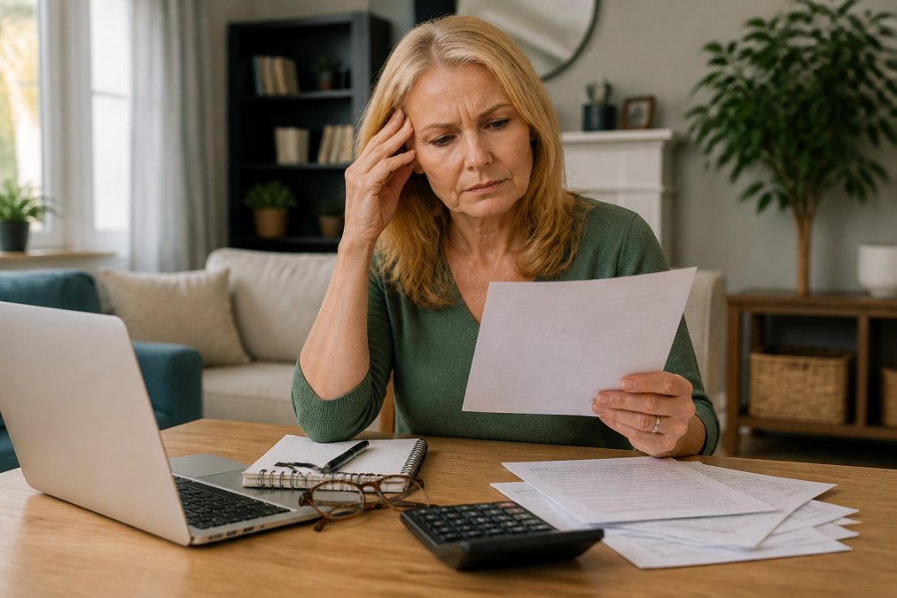Person reviewing medical bill and insurance documents at home with calculator and laptop, showing concern about healthcare costs and understanding deductible amounts
