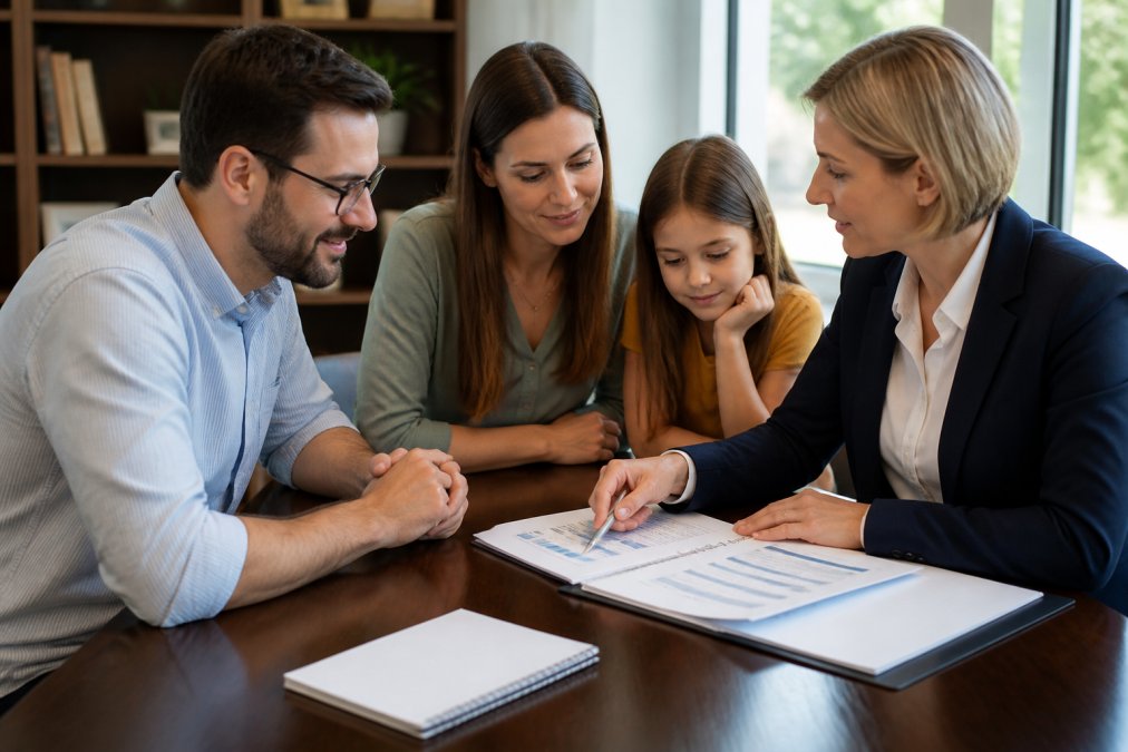 Insurance agent or healthcare advisor meeting with a family in an office, discussing plan options and pointing at documents on desk with healthcare information