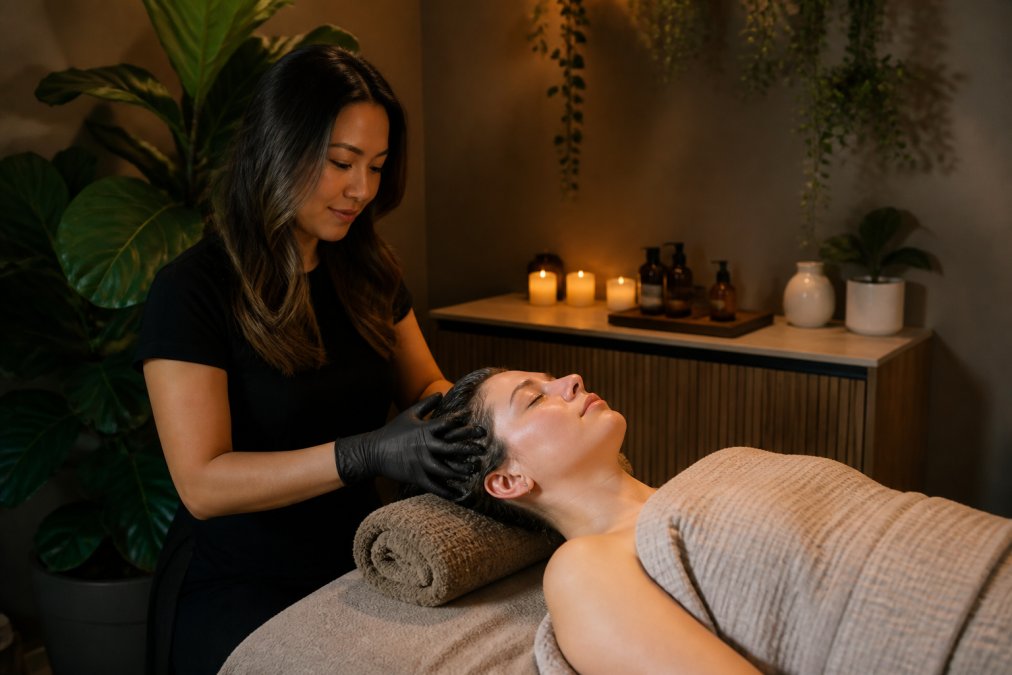 A licensed scalp therapist performing a relaxing scalp massage on a client lying on a comfortable treatment bed in a calm, softly lit spa room with natural elements and warm tones
