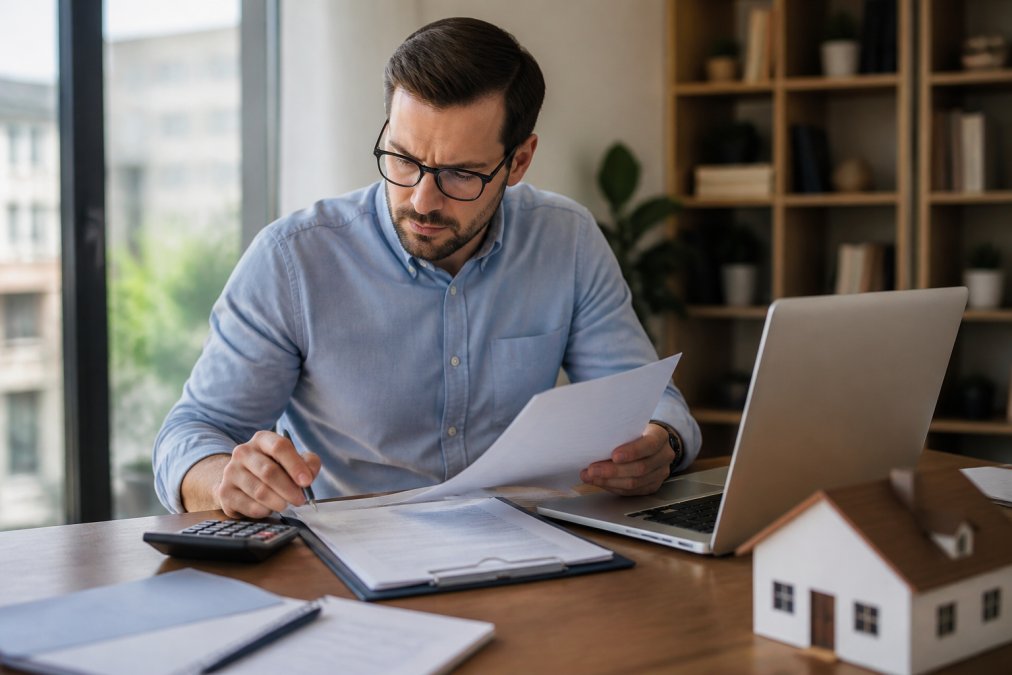 Real estate investor reviewing financial documents for a DSCR loan at a desk with a laptop and calculator
