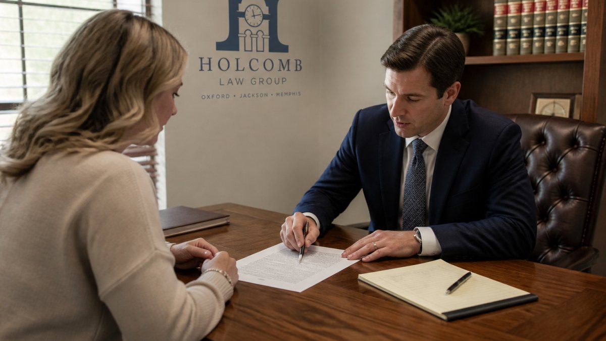 A client and attorney reviewing a printed fee agreement across a wooden desk in a quiet law office, with a laptop and notepad nearby