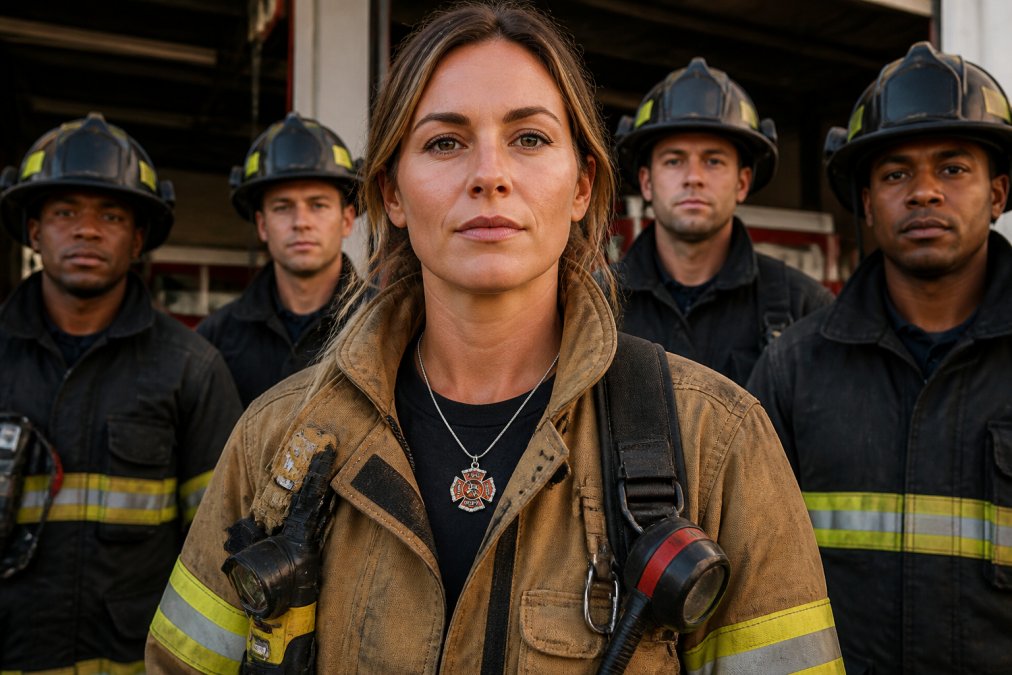 Female firefighter in full turnout gear standing confidently with her crew at the firehouse entrance, showing camaraderie and professional presence in an emergency services environment