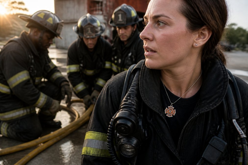Diverse group of firefighters of different genders working together during emergency response training, demonstrating inclusive workplace culture and coordinated teamwork in a realistic emergency scenario