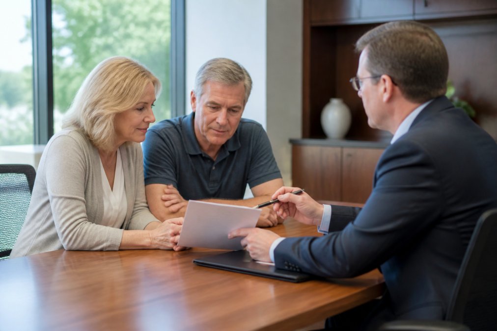 A financial advisor in a professional office setting, reviewing a portfolio document with a middle-aged couple seated across a wooden desk, natural window light