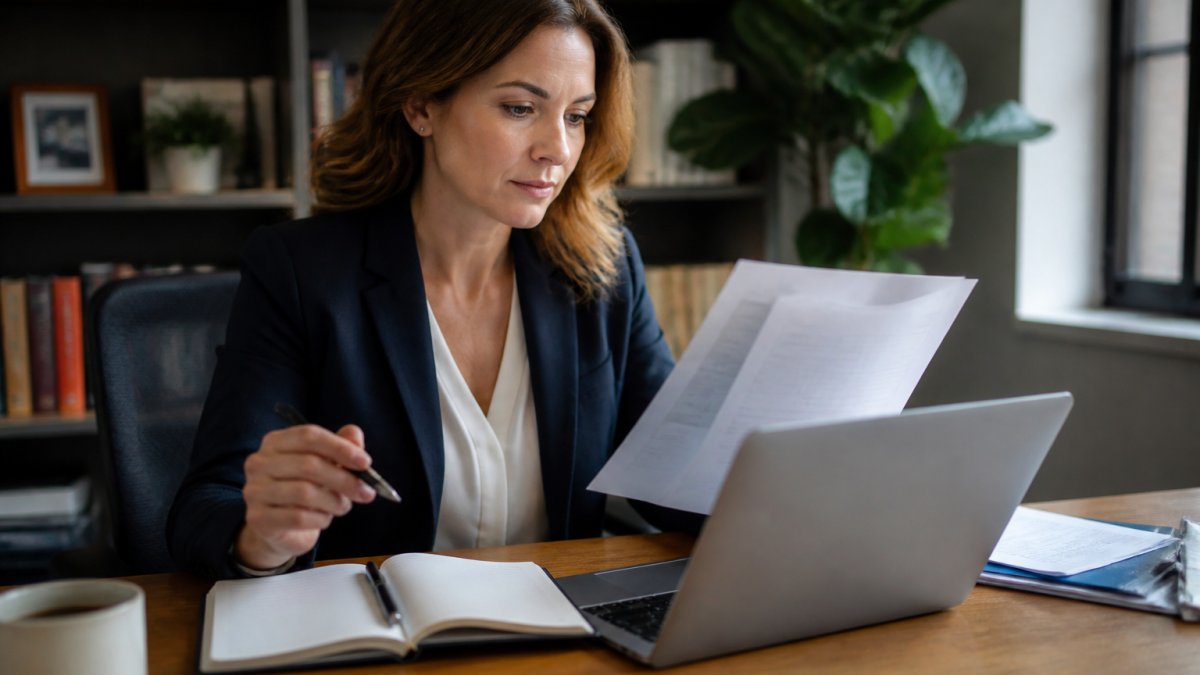 Professional reviewing candidate credentials and references on laptop with notebook and pen, evaluating qualifications