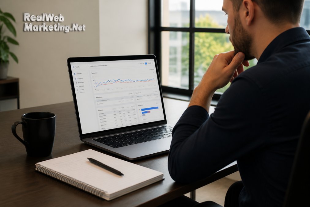 Marketing professional analyzing Google Ads metrics to achieve a good click-through rate on a laptop in a bright office