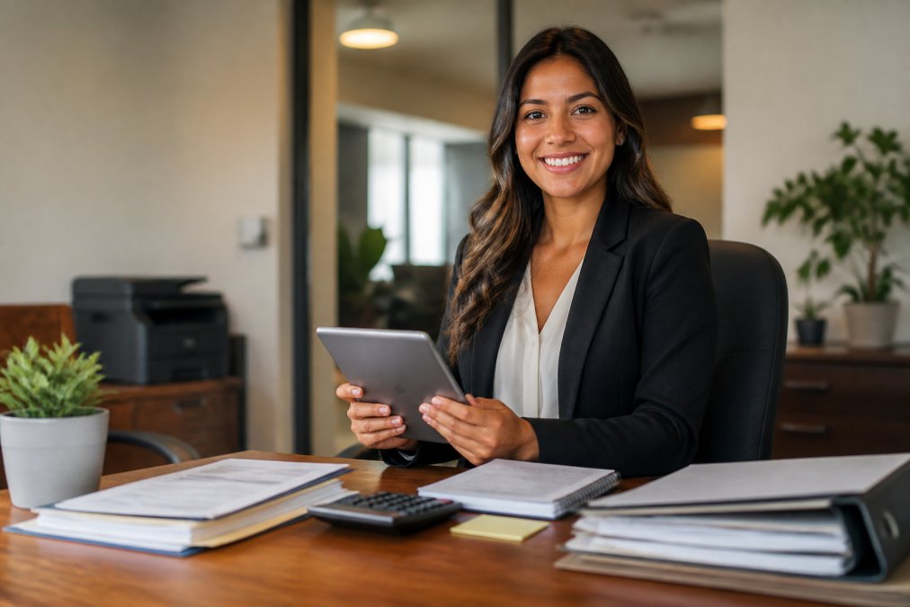 A smiling woman in a professional office setting holding a tablet, appearing confident and relieved, with financial paperwork organized neatly on the desk beside her, warm overhead lighting