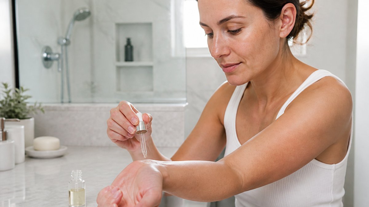 Woman applying a Dermalactives alternative serum to her forearm for a patch test in a bright bathroom