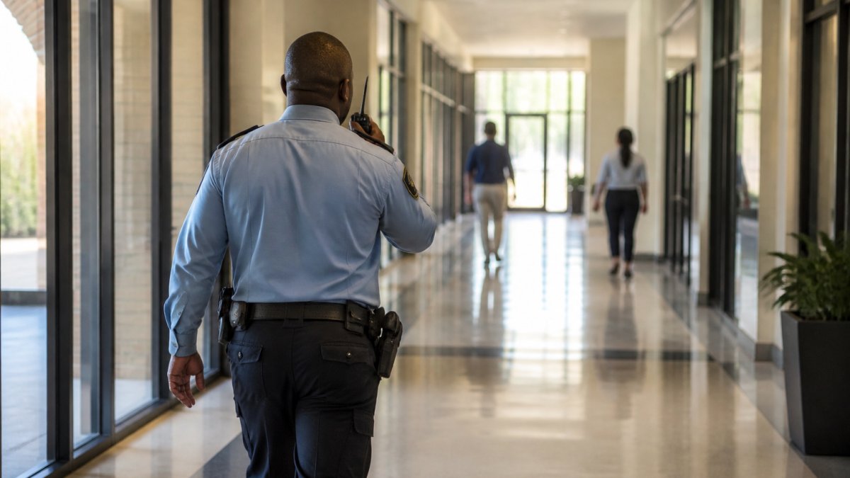 A uniformed security guard with a radio in hand walking briskly through a commercial building corridor toward a lit exit, other staff visible in the background