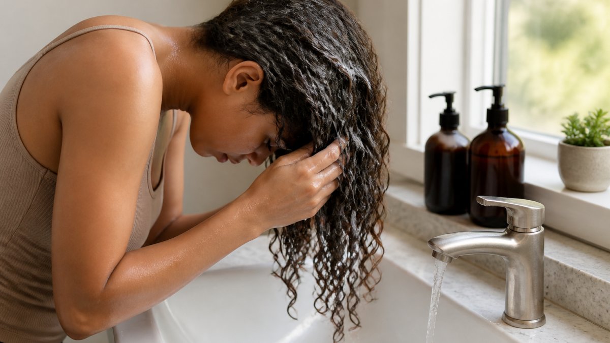 A woman in a bathroom leaning over a sink, applying conditioner to wet curly hair with her hands, water running, natural light from a window, bottles of shampoo and conditioner on the ledge