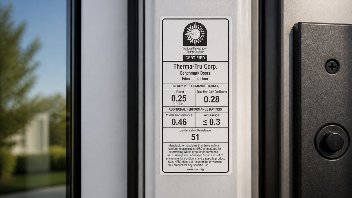 NFRC energy label on an exterior door showing a 0.25 U-factor and SHGC to help determine what is a good U-factor for