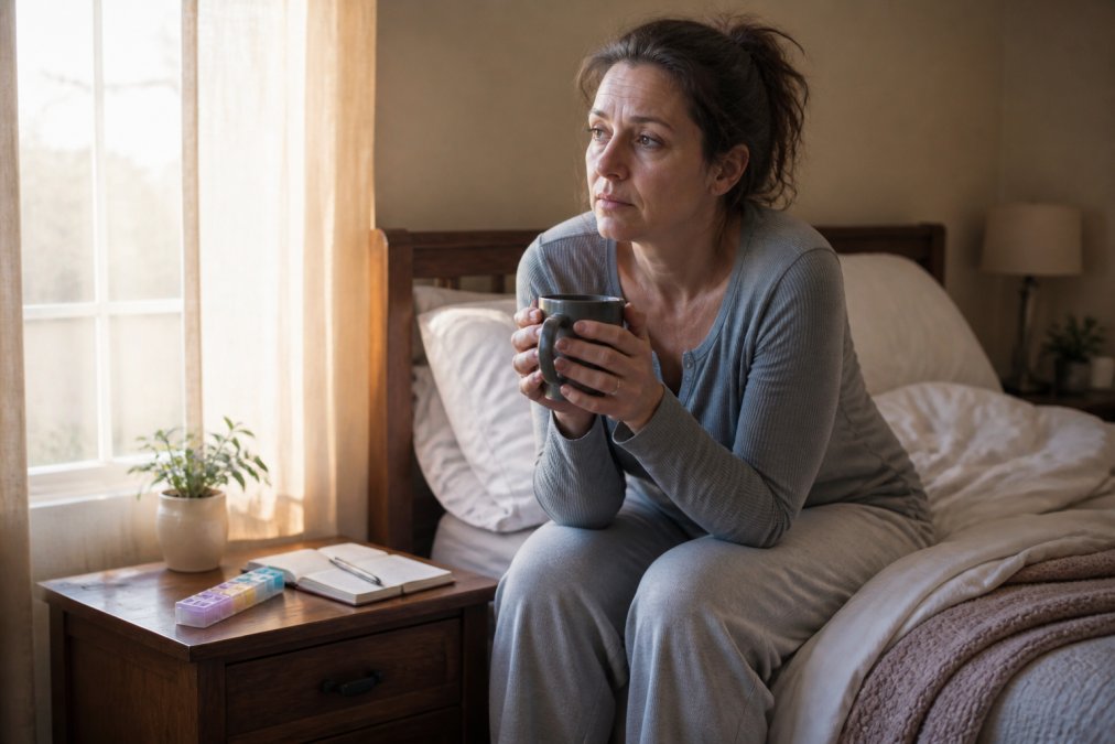 A woman in her 40s sitting on the edge of a bed in soft morning light, holding a mug with both hands, looking tired and thoughtful, a journal and pill organizer on the nightstand beside her
