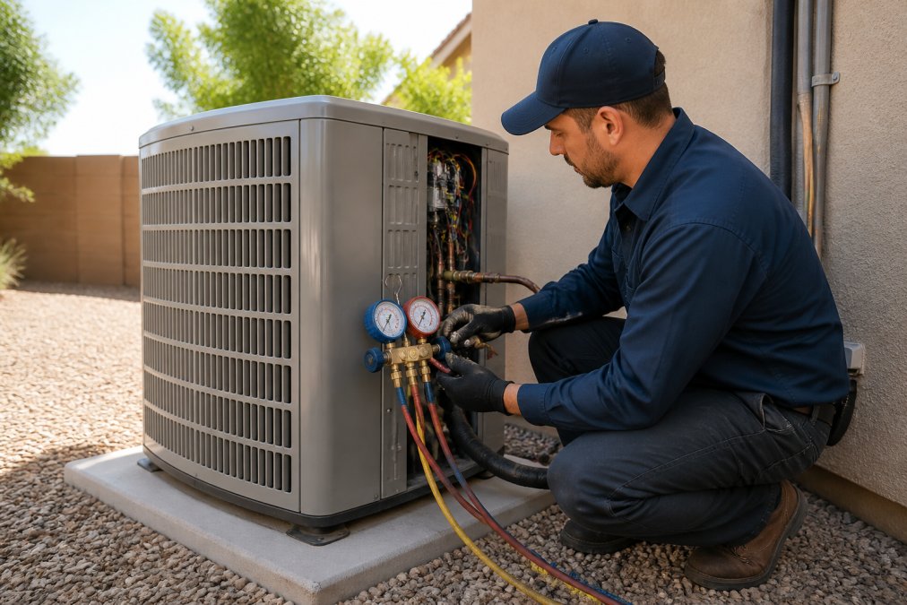 A licensed HVAC technician in uniform using a digital gauge manifold on a residential heat pump outdoor unit, with copper lines and service valves visible in a sunny backyard setting