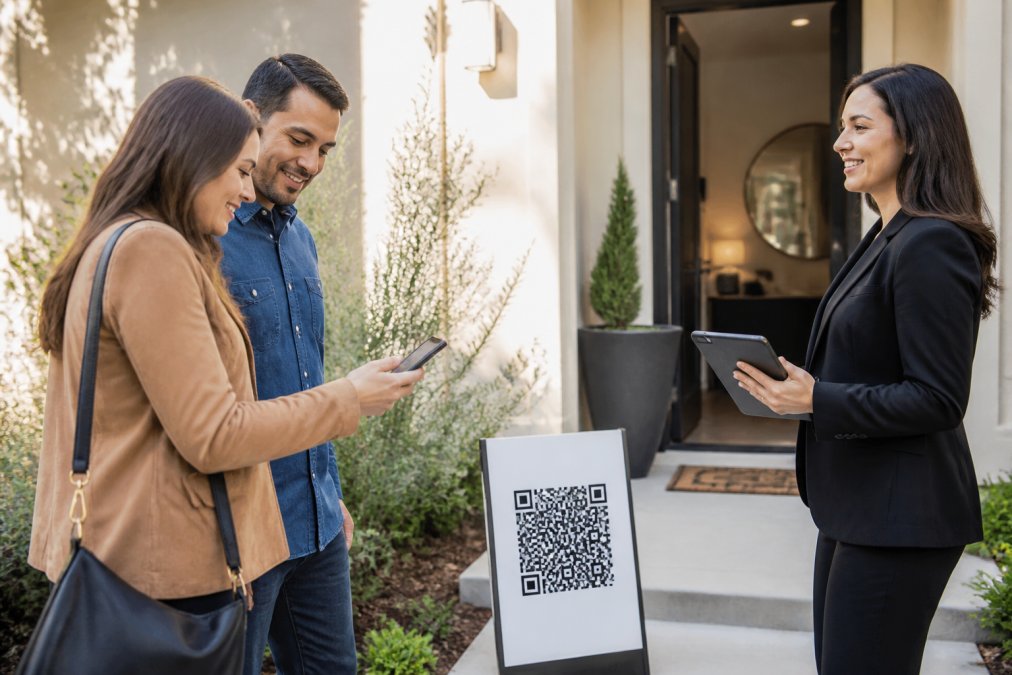 Real estate agent scanning a high quality real estate lead via QR code at an open house event.