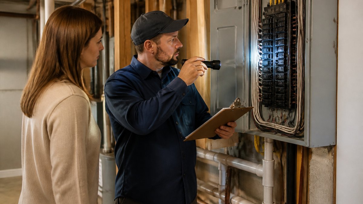Home inspector examines an electrical panel with a flashlight while the homeowner observes during a home inspection.