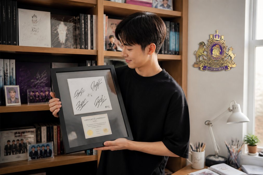 Passionate K-pop fan displaying hand-signed album collection on wooden shelf, holding framed BTS autographed album with visible Certificate of Authenticity card, natural window lighting illuminating memorabilia
