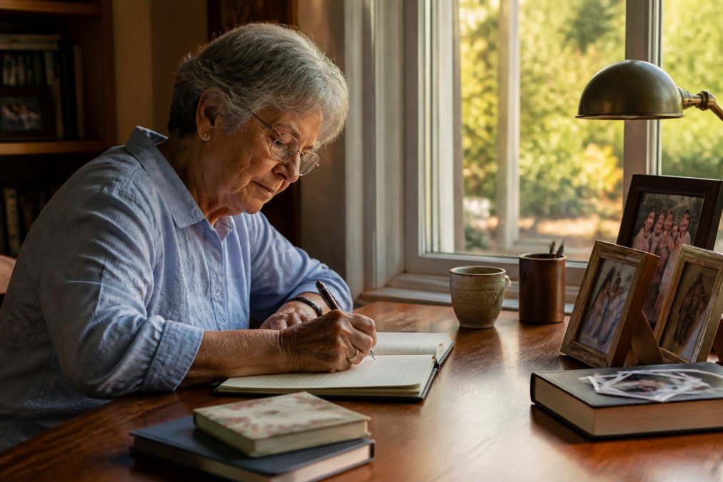 An older woman writes her living legacy plan in a journal by a sunlit desk with family photos nearby.