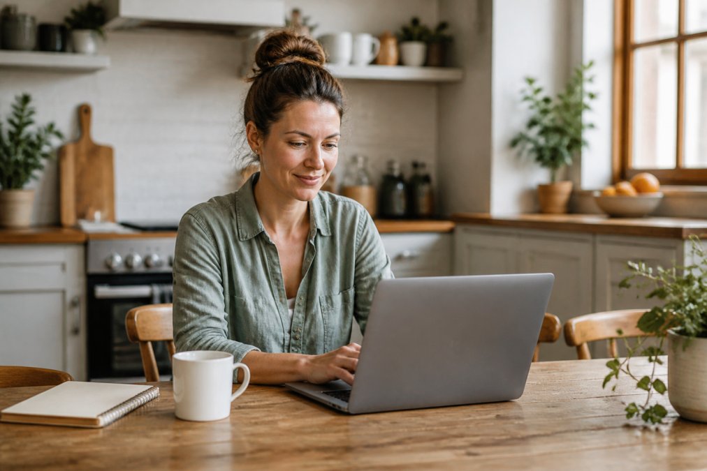 A parent working on a laptop at a kitchen table in a bright home, coffee mug and notebook nearby, relaxed and focused