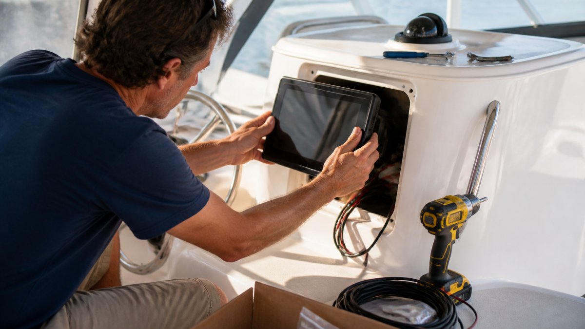 A boat owner mounting a chartplotter display on a fiberglass helm panel, drill and wiring visible nearby, sunlight across the cockpit