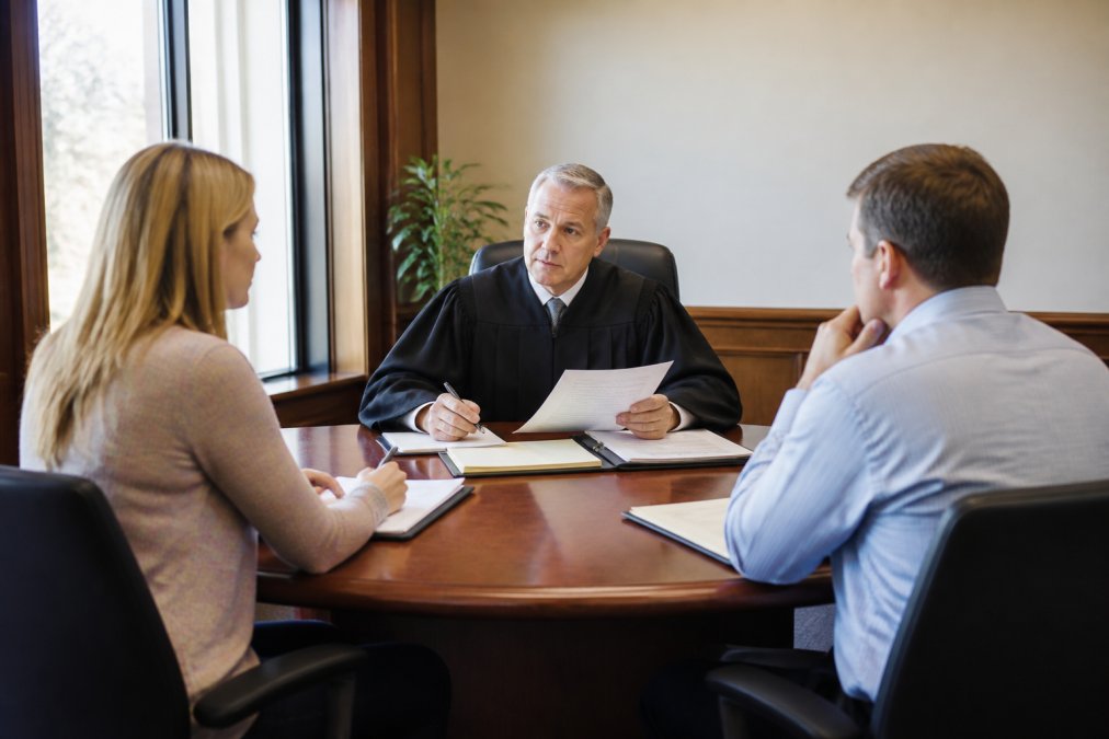 Two people sitting across from each other in a formal conference room with a judge or mediator present between them, reviewing documents and discussing settlement terms with natural office lighting