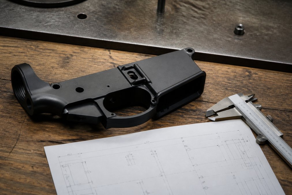 Stripped mil-spec AR-15 lower receiver with calipers and technical specs on a workshop bench