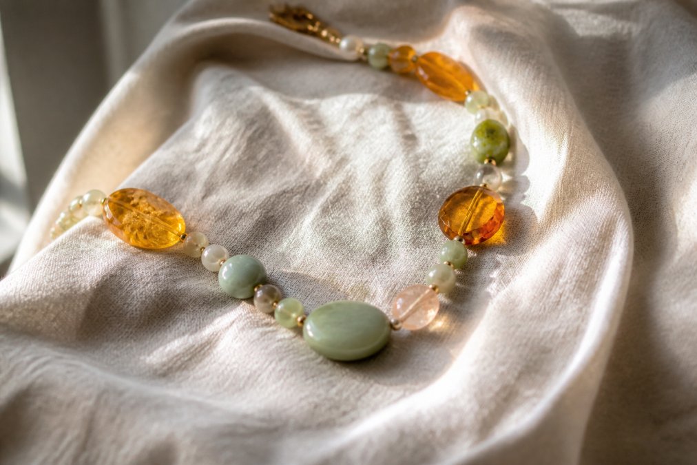 Close-up of a handcrafted gemstone necklace resting on rumpled natural linen cloth, soft morning window light catching the translucency of amber and jade beads
