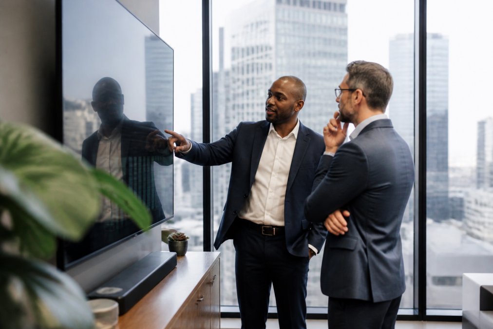 A sales operations manager reviewing a dashboard on a large monitor in a modern office, with a colleague pointing at lead pipeline data on the screen